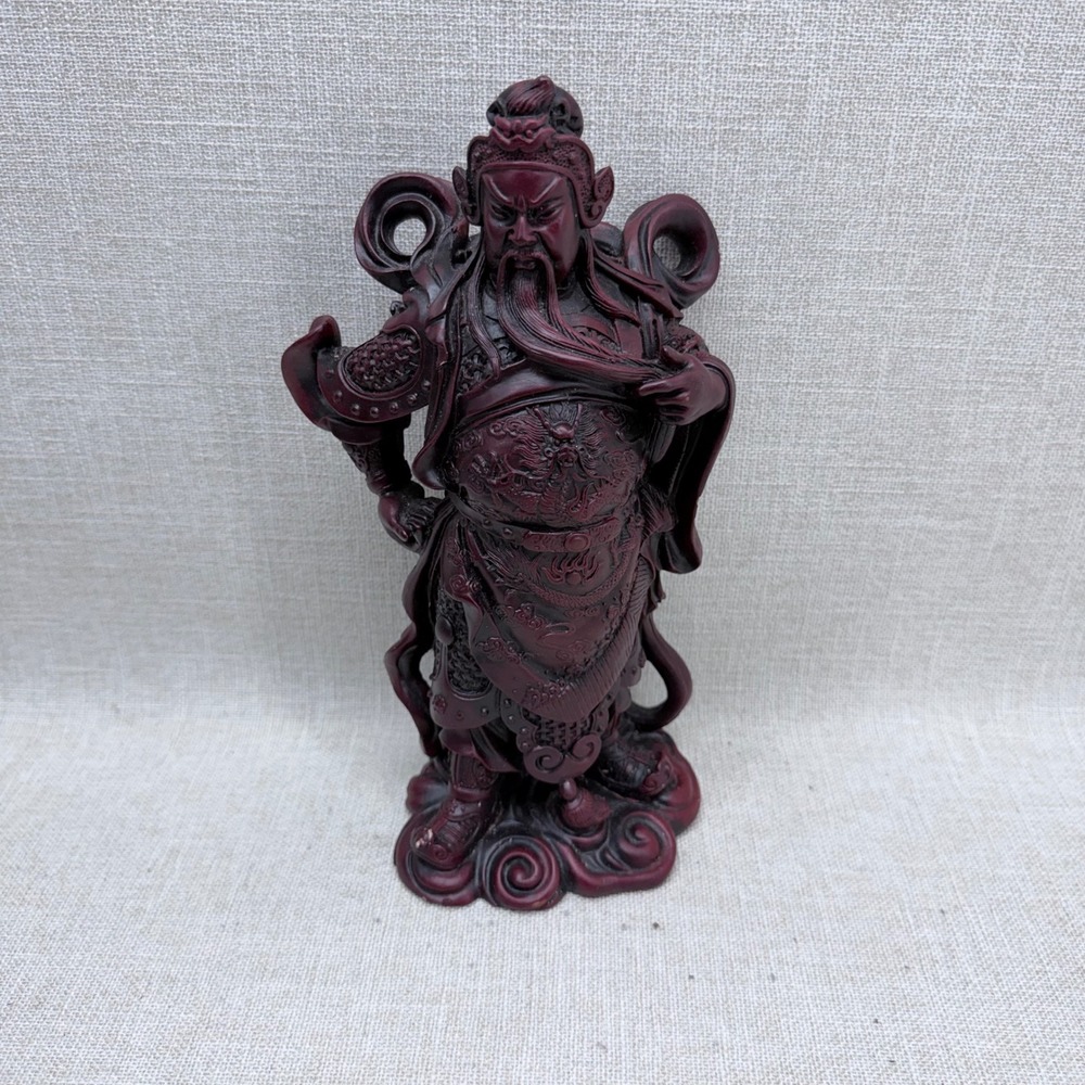Vintage Guan Yu Statue Red Cinnabar Resin Chinese Deity God of War Figure 9in
